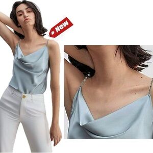 House of Harlow blue satin cowl neck crystal rhinestone spaghetti strap camisole